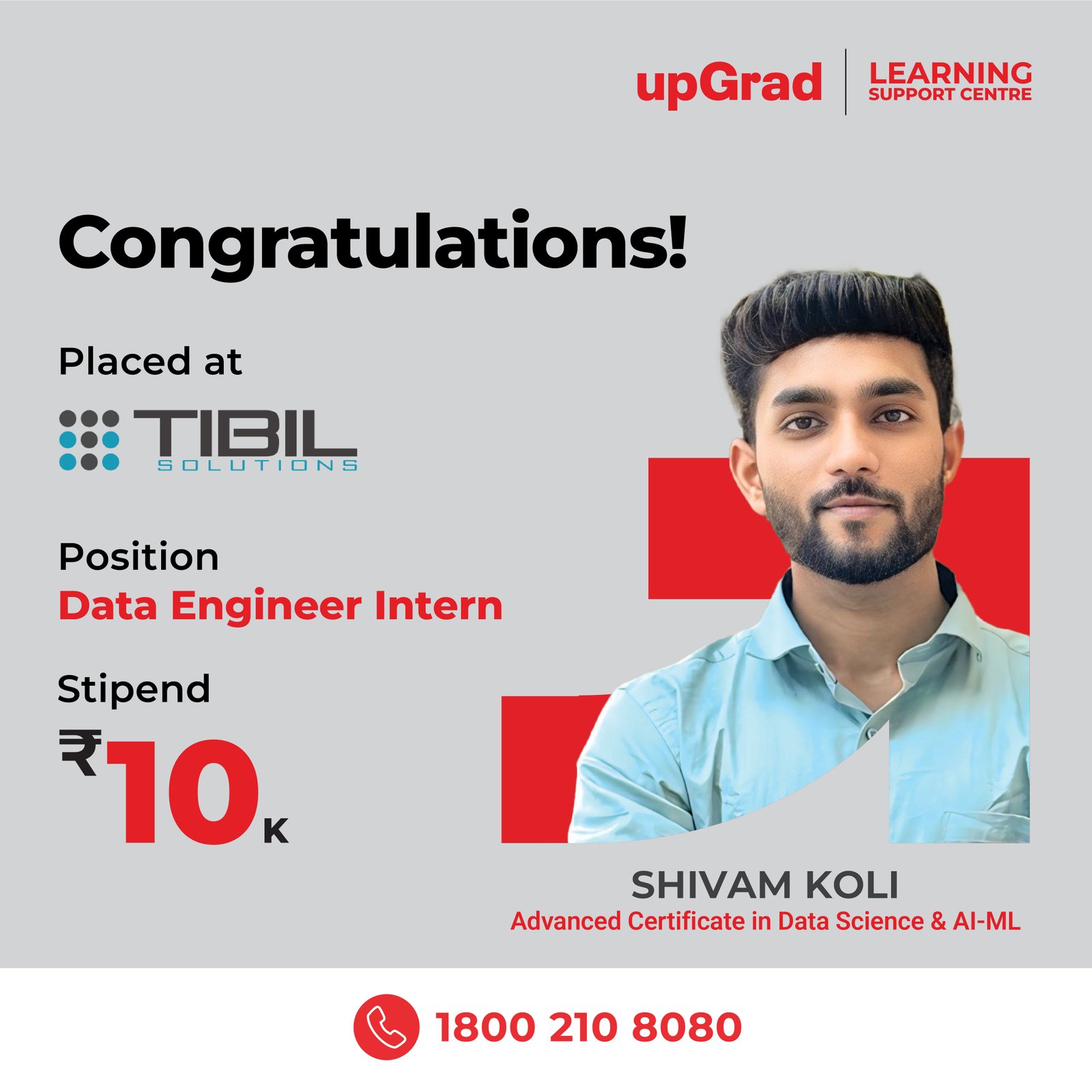 Shivam Koli placed at Tibil Solutions as a Data Engineer Intern with a stipend of 10K